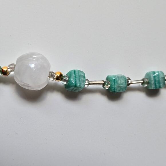 Glass Beaded Necklace with Square Sea Green Beads & White Glass Cut Beads - Picture 6 of 11